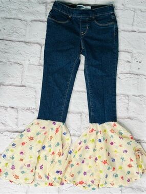Girls' upcycled Dark Blue Denim Bell-Bottoms with Cream Floral Ruffles size 8